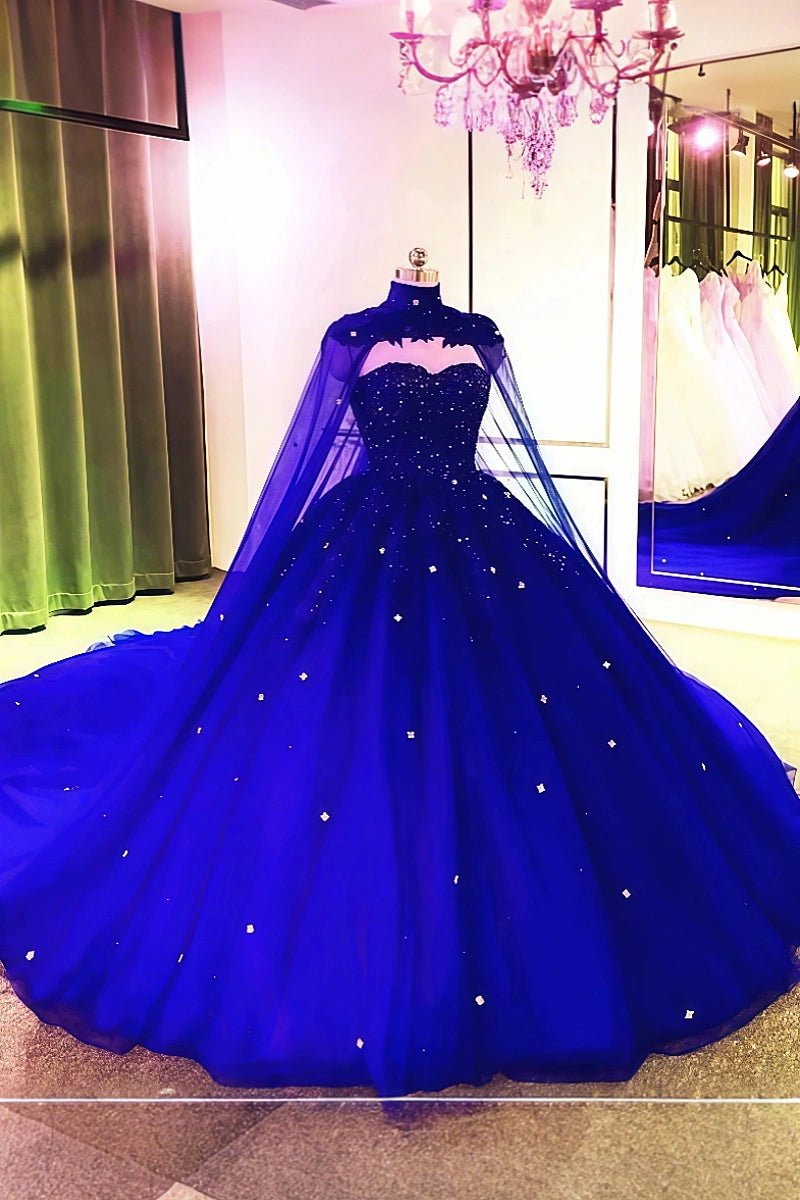Ella | Gorgeous Sparkling Ball Gown Strapless Red Quinceanera Dresses with Cape - Available in Multiple Colors! - Royal Blue - PromDressClub