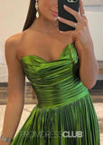 Ella |Long Green Prom Dress Metallic With A Line Strapless Pleated Slit - Gold - US0 - PromDressClub