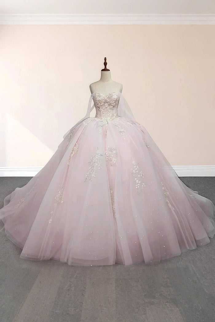 Ellie | Exquisite Light Pink Lace Strapless Corset Quinceanera Dresses for Memorable Celebrations - Light Pink - PromDressClub