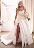 Elma | Elegant A - Line Strapless Backless White Satin Wedding Dress Train with Slit - White - PROMDRESS Club