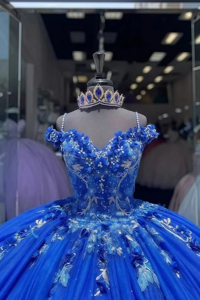 Elodie | Gorgeous Royal Blue Flower Corset Quinceanera Dresses Off the Shoulder - Royal Blue - PromDressClub