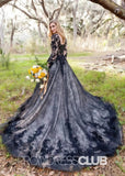 Elsa |Plus Size Black Wedding Dresses Long Sleeves Tulle A Line V Neck Gothic Bridal Gown - Black - PromDressClub