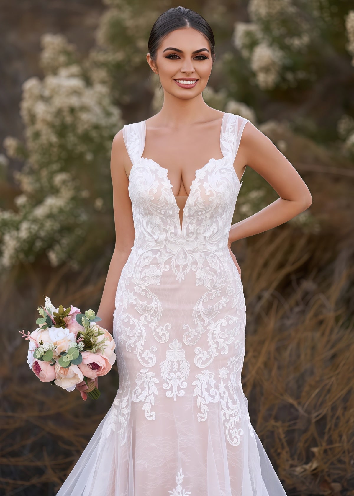 Elsa | Sexy Mermaid Off the Shoulder Appliques Lace White Tulle Wedding Dress Train - White - PROMDRESS Club