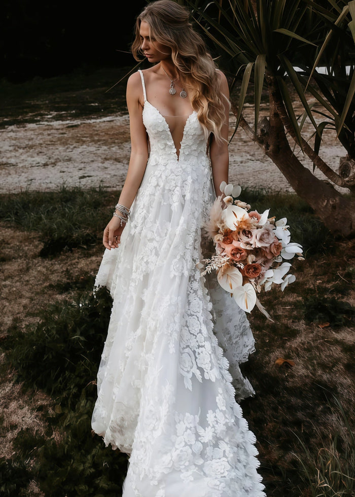 Elsie | Boho Spaghetti Straps A Line Appliques Lace White Wedding Dress Train with Slit - Price #price_variant_lowest# - White - PromDressClub