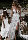 Elsie | Boho Spaghetti Straps A Line Appliques Lace White Wedding Dress Train with Slit - White - PROMDRESS Club