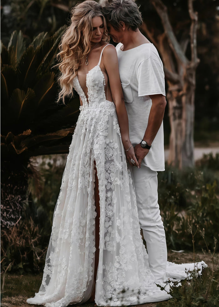 Elsie | Boho Spaghetti Straps A Line Appliques Lace White Wedding Dress Train with Slit - Price #price_variant_lowest# - White - PromDressClub