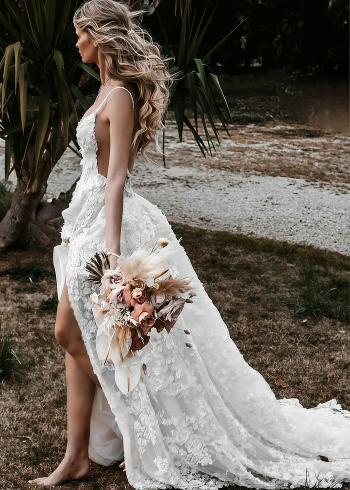 Elsie | Boho Spaghetti Straps A Line Appliques Lace White Wedding Dress Train with Slit - Price #price_variant_lowest# - White - PromDressClub
