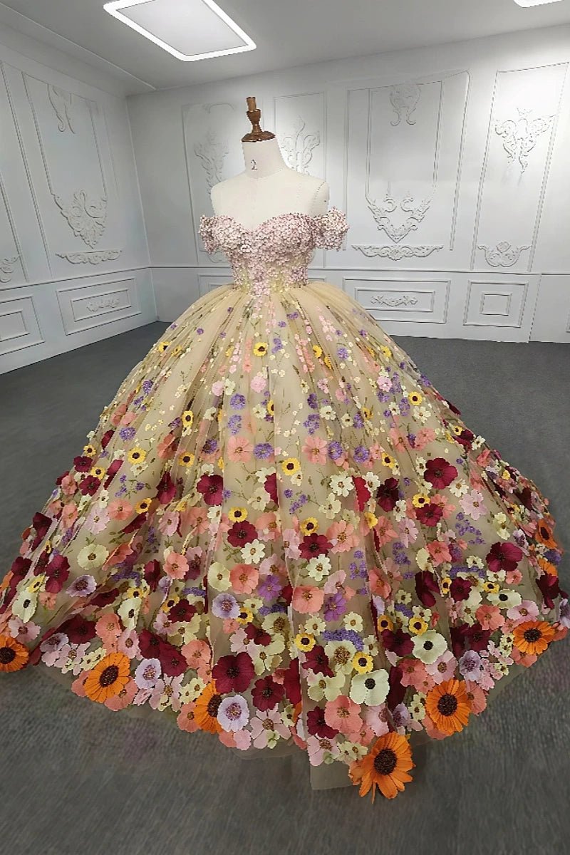 Elsie | Stunning Champagne Beaded 3D Flower Quinceanera Dresses for Special Occasions - Champagne - PromDressClub