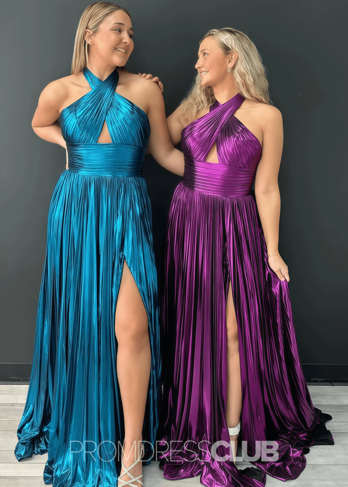 Elvira |Long Emerald Green Prom Dress Metallic With Halter Neck A Line Pleated Criss Slit - Peacock - PromDressClub