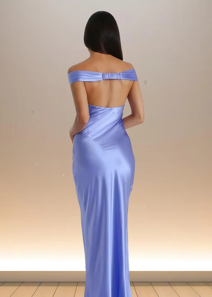 Emilia | Stunning Yellow Off The Shoulder Satin Pleated Prom Dress – Shine Bright at Your Special Event - Dusty Blue - PromDressClub