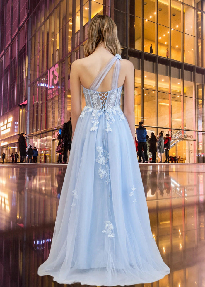 Emily | Light Pink Black Lace A Line One Shoulder Tulle Prom Dress Split - Sage Green - PromDressClub