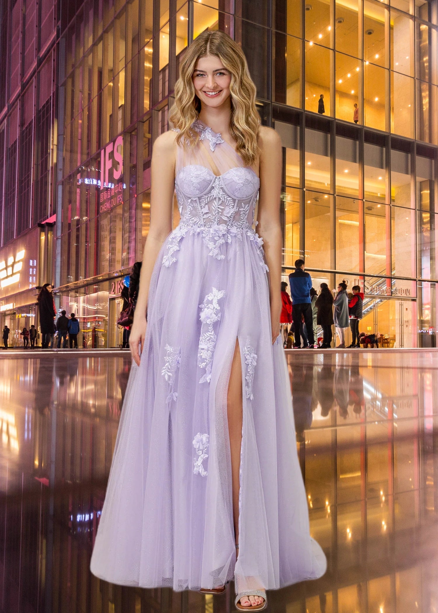 Emily |One Shoulder A Line Pink Lace Long Prom Dress with Appliques - Lavender - US0 - PromDressClub