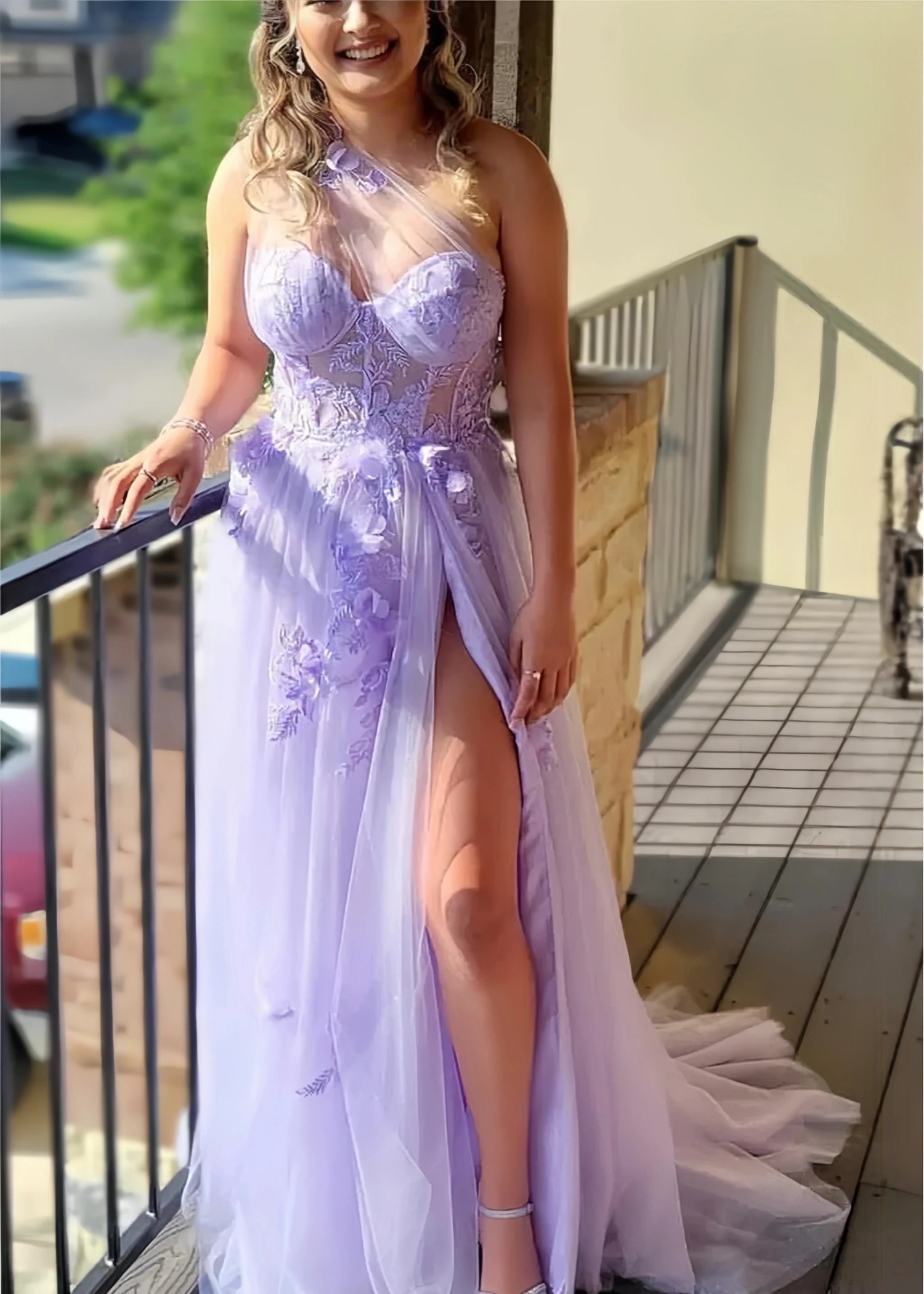 Emily |One Shoulder A Line Pink Lace Long Prom Dress with Appliques - Lavender - US0 - PromDressClub