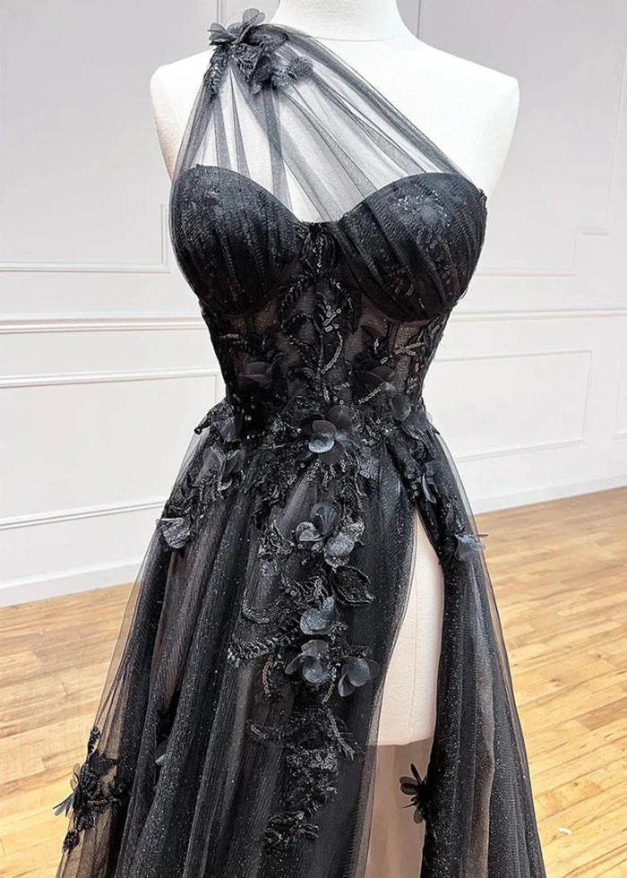 Emily | Light Pink Black Lace A Line One Shoulder Tulle Prom Dress Split - Light Pink - PromDressClub