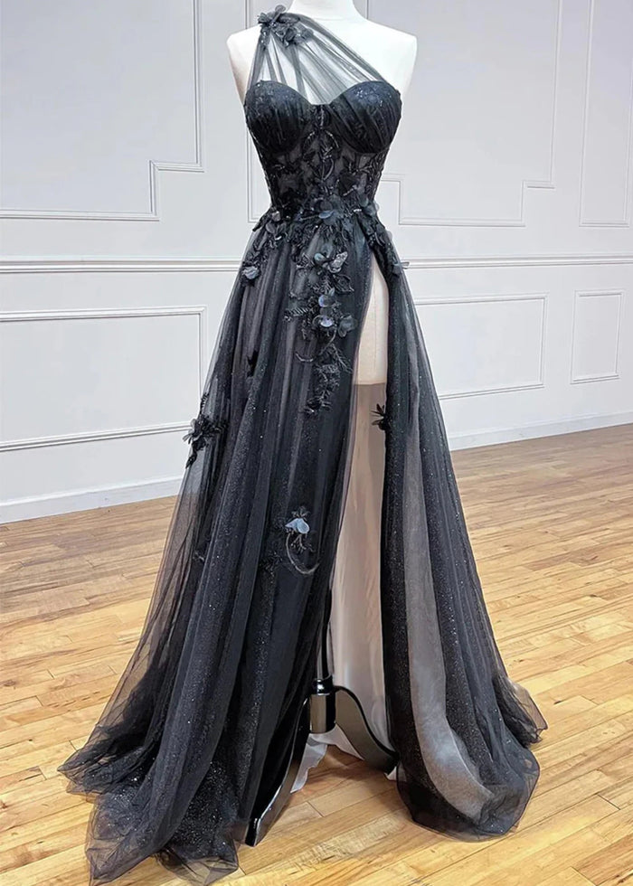 Emily | Light Pink Black Lace A Line One Shoulder Tulle Prom Dress Split - Light Pink - PromDressClub