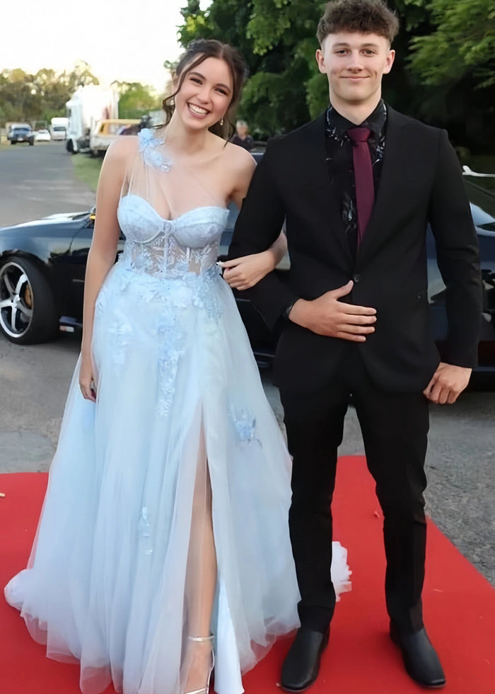 Emily | Light Pink Black Lace A Line One Shoulder Tulle Prom Dress Split - Light Blue - PromDressClub