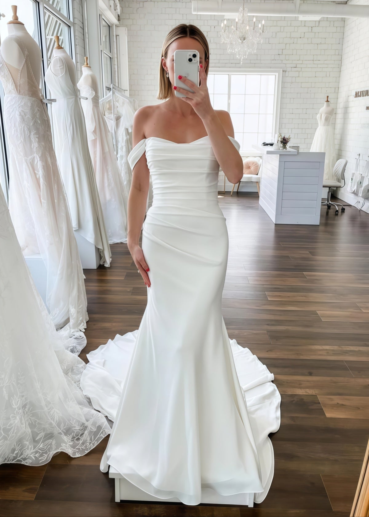 Emma | Modern Mermaid Off the Shoulder Backless Long White Chiffon Wedding Dress Train with Buttons - White - PROMDRESS Club