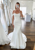 Emma | Modern Mermaid Off the Shoulder Backless Long White Chiffon Wedding Dress Train with Buttons - White - PROMDRESS Club