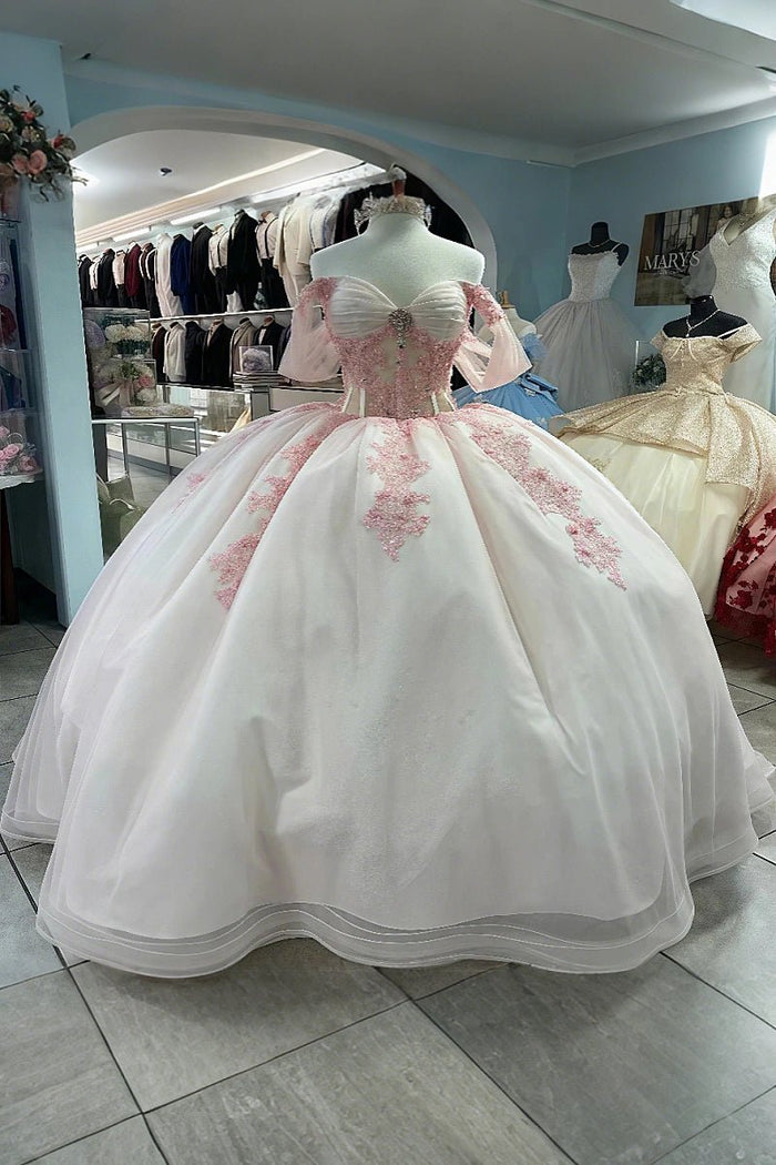 Emma | Stunning Elegant Light Pink Beaded Quinceanera Dresses Off the Shoulder - Light Pink - PromDressClub