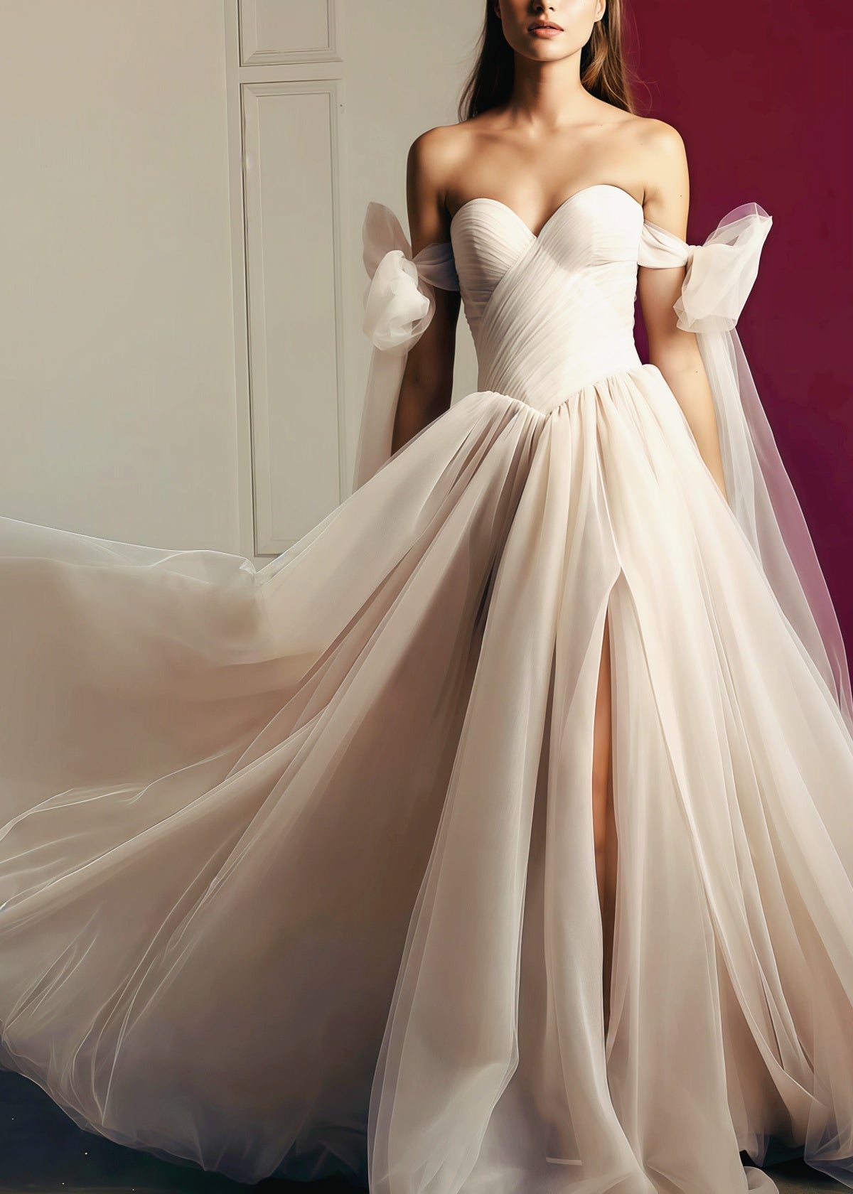 Enid | Glamorous Beach Off the Shoulder A Line Champagne Tulle Wedding Dress with Slit - Champagne - PROMDRESS Club