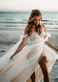 Enid | Glamorous Beach Off the Shoulder A Line Champagne Tulle Wedding Dress with Slit - Champagne - PROMDRESS Club