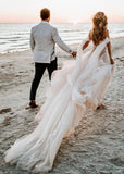 Enid | Glamorous Beach Off the Shoulder A Line Champagne Tulle Wedding Dress with Slit - Champagne - PROMDRESS Club