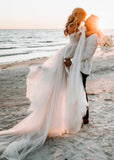 Enid | Glamorous Beach Off the Shoulder A Line Champagne Tulle Wedding Dress with Slit - Champagne - PROMDRESS Club