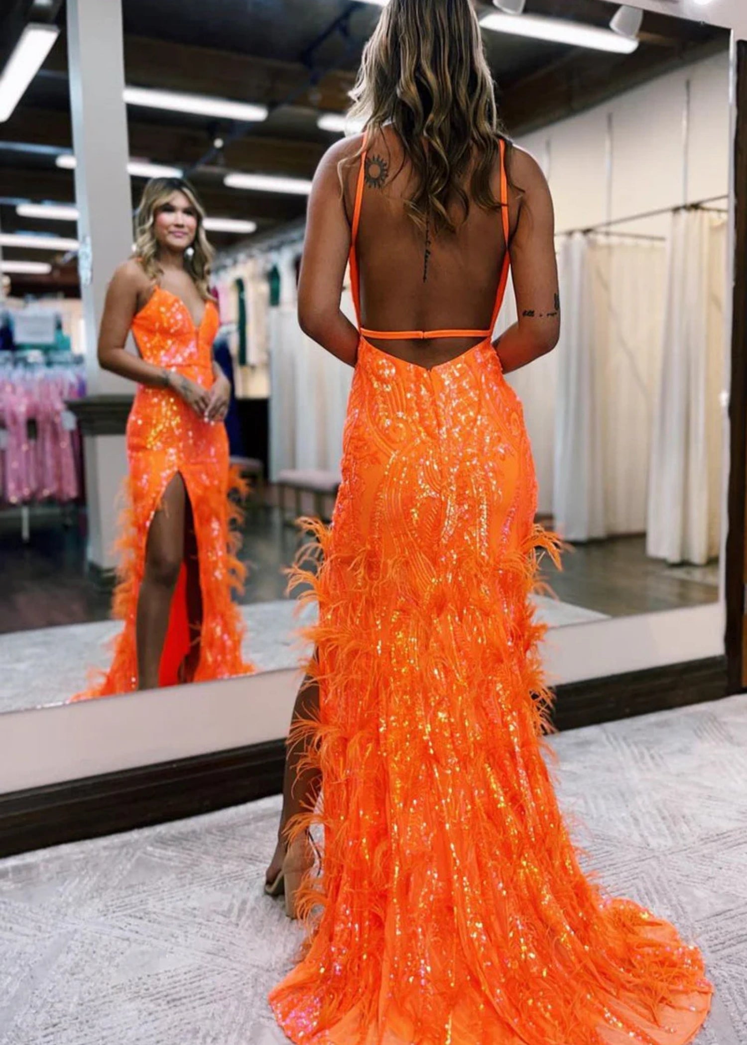 Enid |Mermaid V Neck Blue Sequin Lace Plus Size Long Prom Dresses with Slit - Orange - US0 - PromDressClub