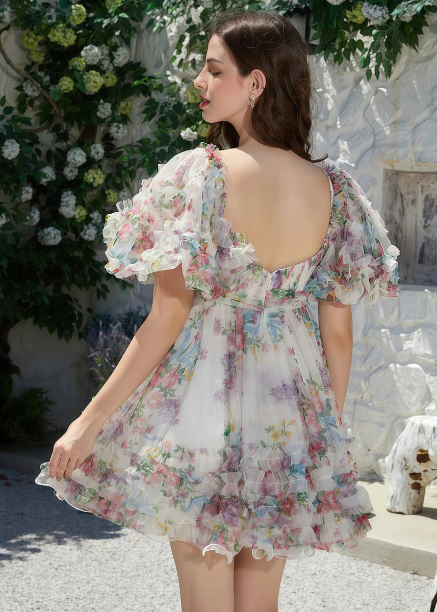 Ereshkigal | Dreamy Floral Homecoming Dress: Ruffles & Off the Shoulder Elegance - White Floral - PromDressClub