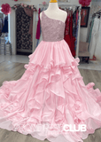 Erica | Beaded Ruffle Royal Blue Pageant Dresses for Girls - Pink - PromDressClub