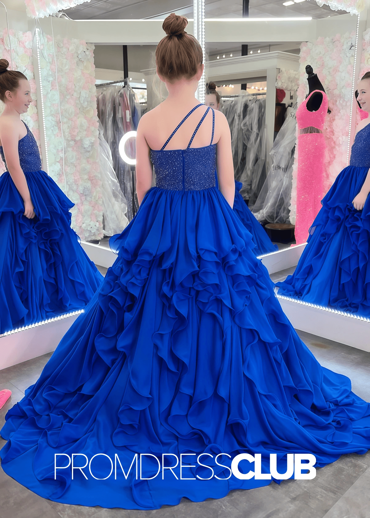 Erica | Beaded Ruffle Royal Blue Pageant Dresses for Girls - Royal Blue - PromDressClub