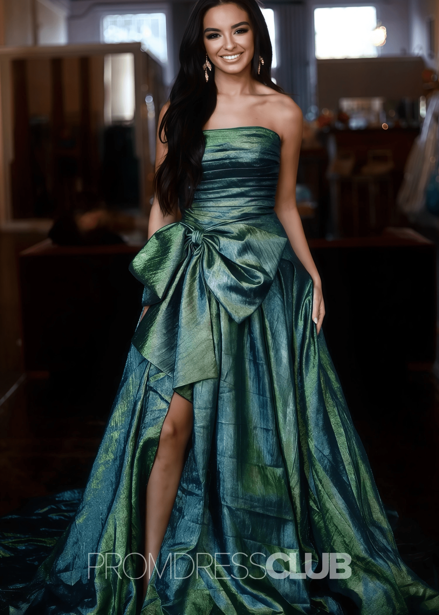 Erica |Long Royal Blue Prom Dress Metallic With A Line Strapless Bow - Emerald - US0 - PromDressClub