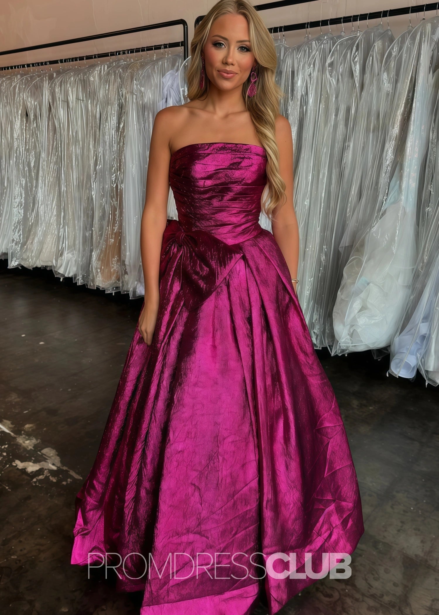 Erica |Long Royal Blue Prom Dress Metallic With A Line Strapless Bow - Fuchsia - US0 - PromDressClub