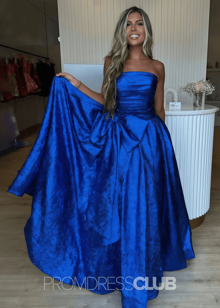 Erica |Long Royal Blue Prom Dress Metallic With A Line Strapless Bow - Royal Blue - PromDressClub