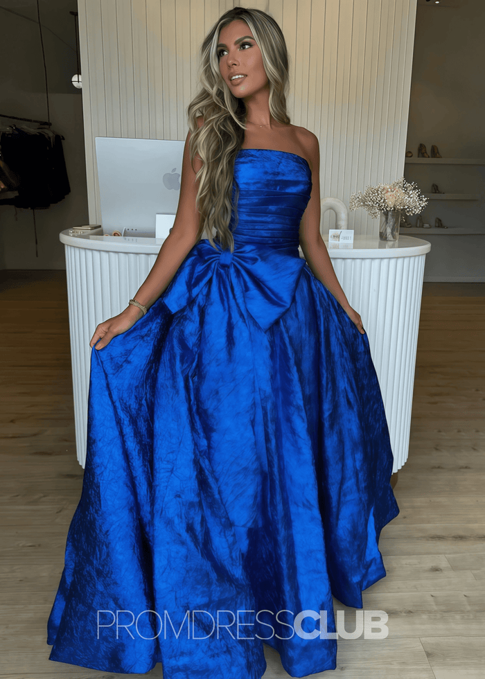 Erica |Long Royal Blue Prom Dress Metallic With A Line Strapless Bow - Royal Blue - PromDressClub