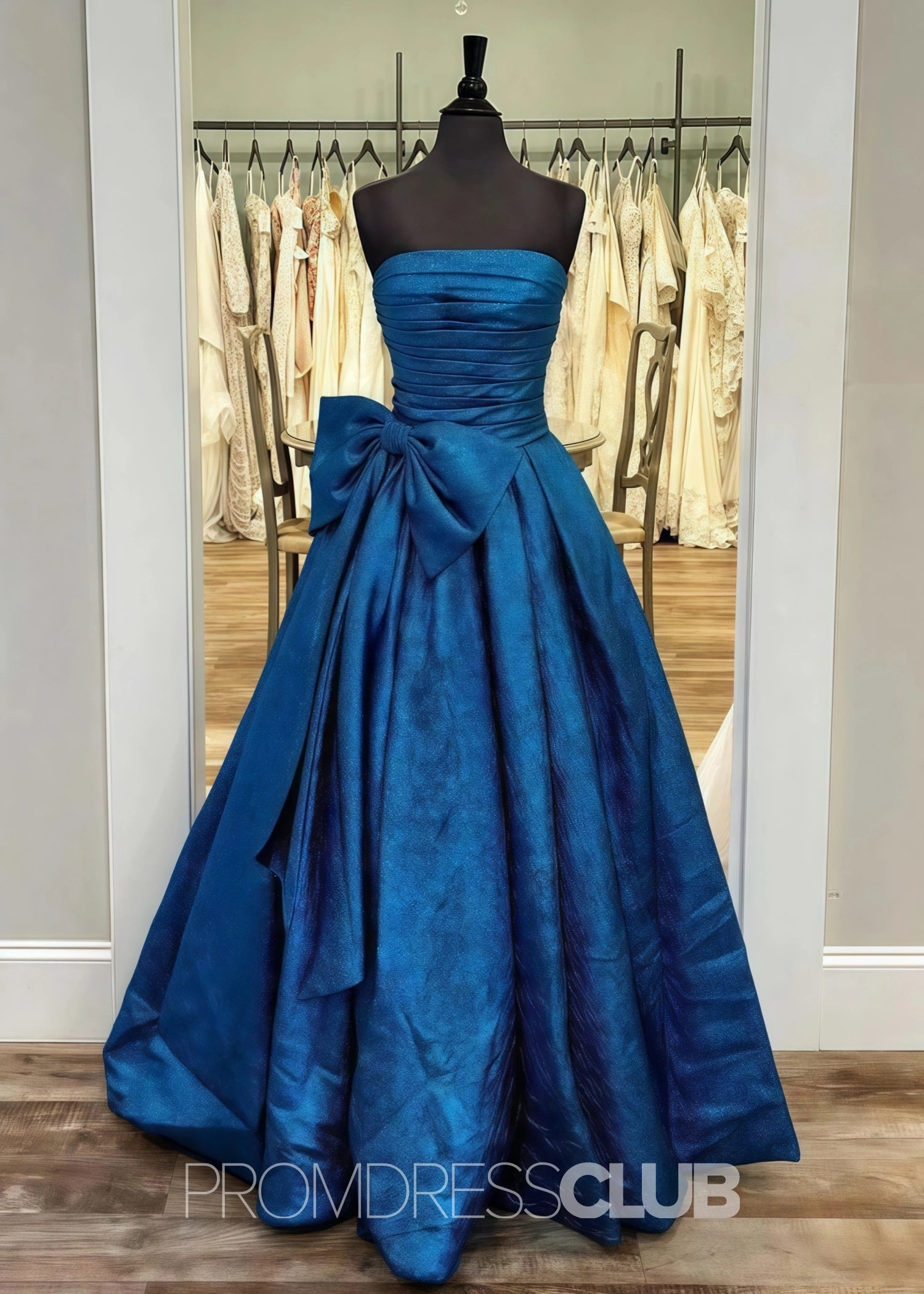 Erica |Long Royal Blue Prom Dress Metallic With A Line Strapless Bow - Royal Blue - US0 - PromDressClub