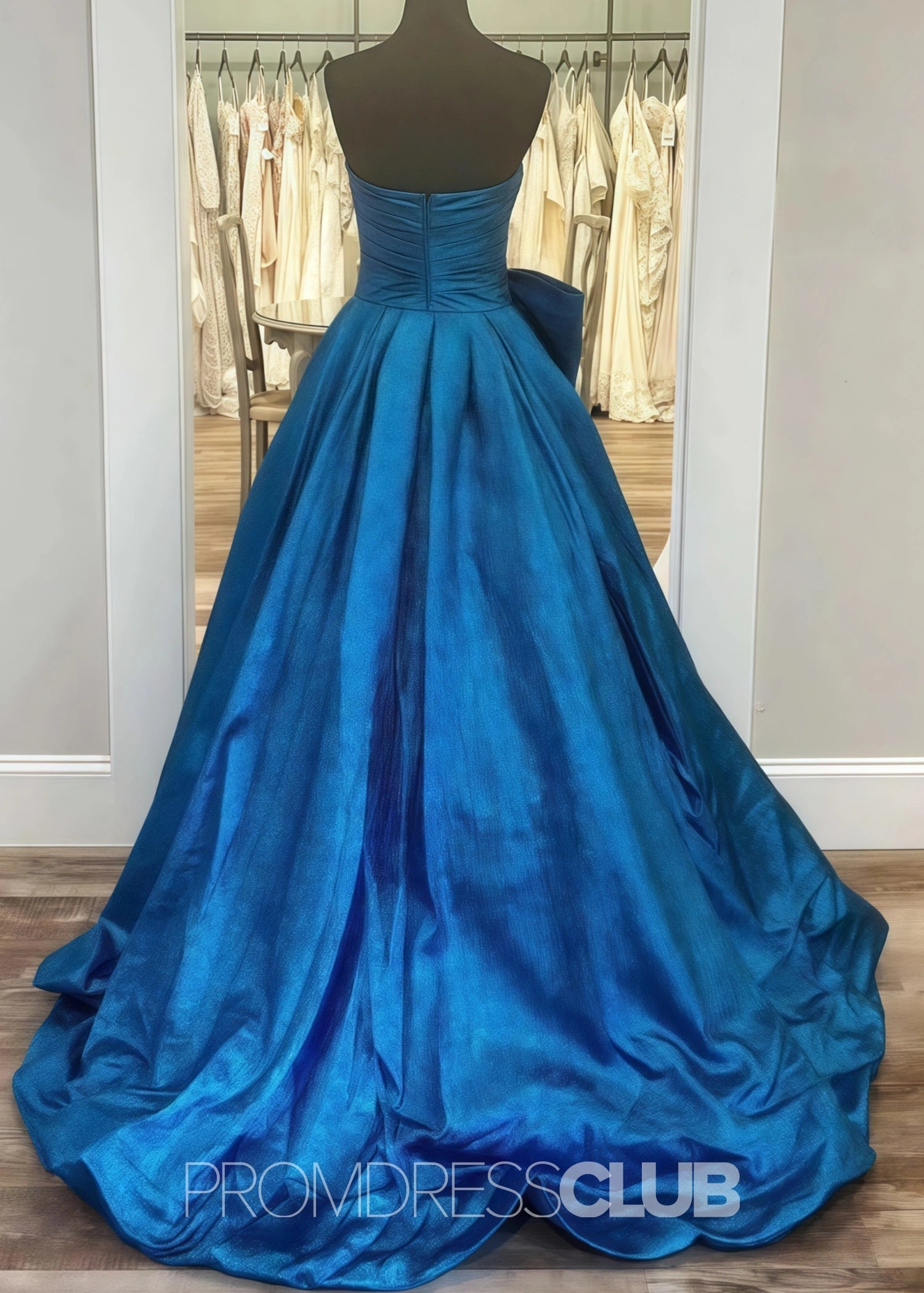 Erica |Long Royal Blue Prom Dress Metallic With A Line Strapless Bow - Royal Blue - US0 - PromDressClub