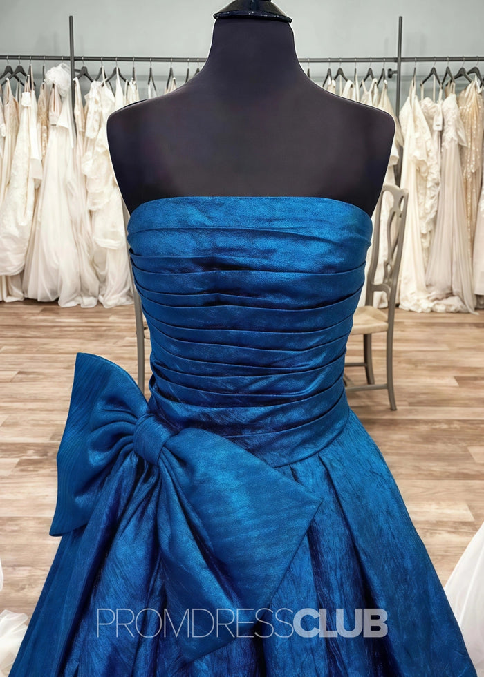 Erica |Long Royal Blue Prom Dress Metallic With A Line Strapless Bow - Royal Blue - PromDressClub