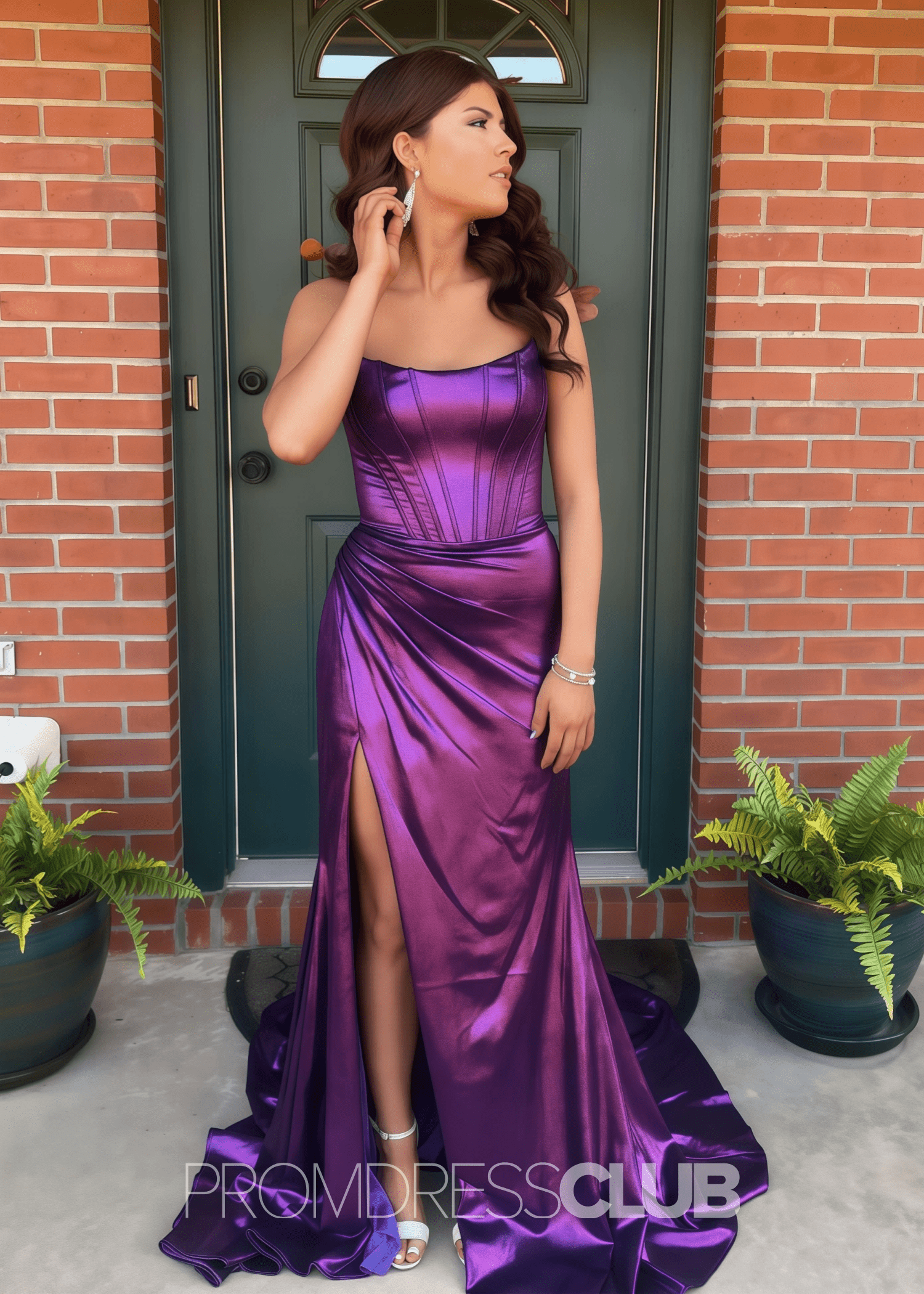 Erin |Long Purple Prom Dress Metallic With A Line Strapless Sheath Split - Purple - PromDressClub