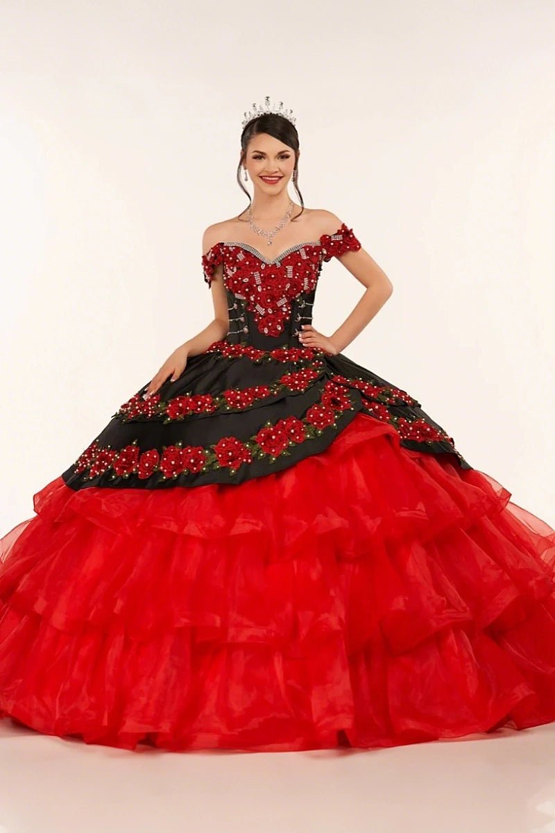 Erin | Stunning Red and Black Flower Quinceanera Dresses with Ruffles - Red - PromDressClub