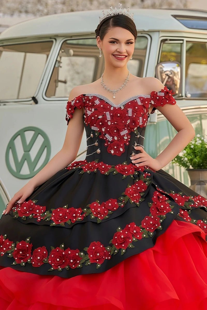 Erin | Stunning Red and Black Flower Quinceanera Dresses with Ruffles - Red - PromDressClub