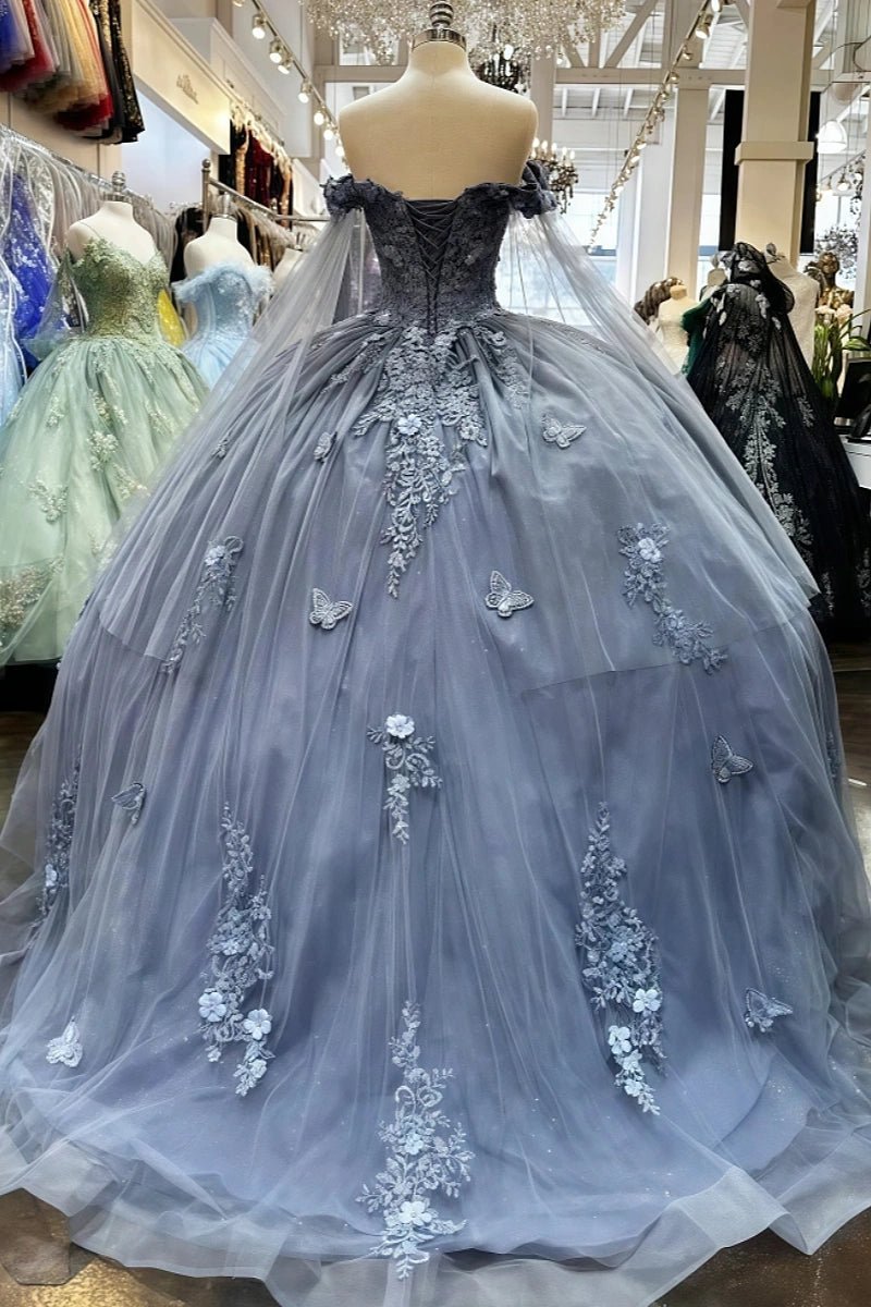 Estelle | Stunning Red/Emerald Green/Dusty Blue Lace Flower Off the Shoulder Quinceanera Dresses - Dusty Blue - PromDressClub