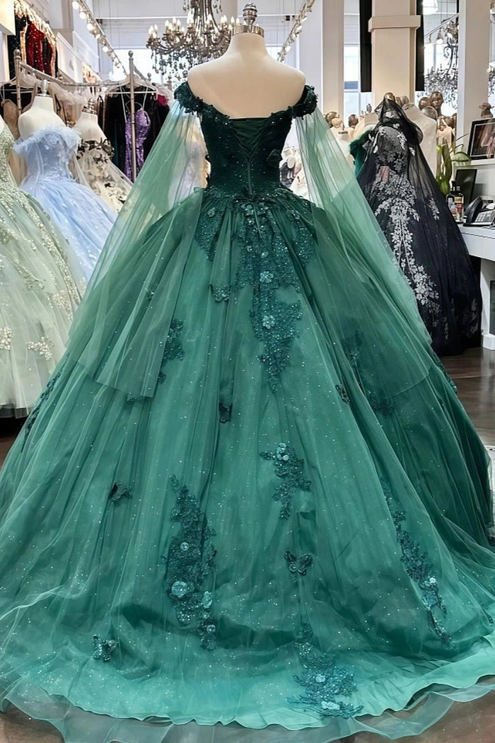 Estelle | Stunning Red/Emerald Green/Dusty Blue Lace Flower Off the Shoulder Quinceanera Dresses - Emerald Green - PromDressClub