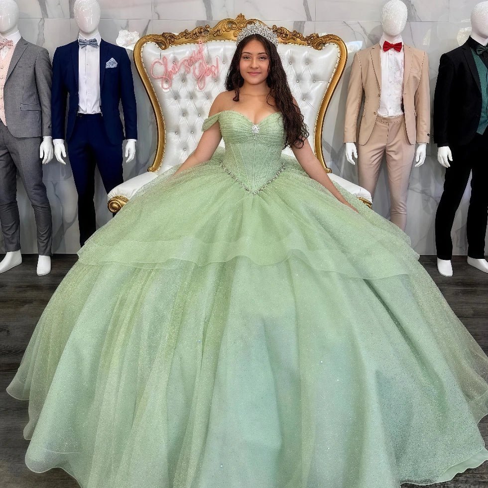 Estelle | Stunning Sage Green Ruffled Quinceanera Dress with Big Bows - Sage - PromDressClub