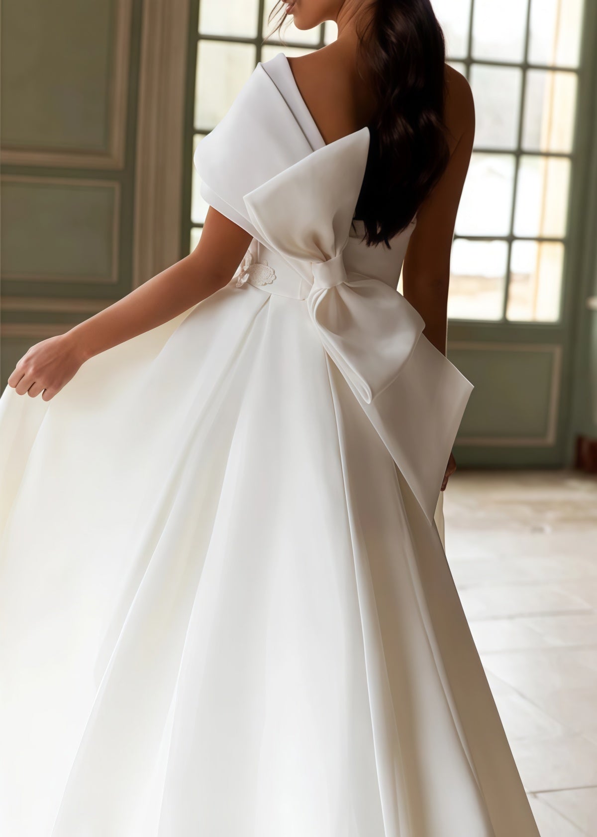 Esther | A Line Appliques Lace One Shoulder White Organza Wedding Dress Train with Slit - White - PROMDRESS Club