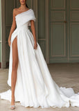 Esther | A Line Appliques Lace One Shoulder White Organza Wedding Dress Train with Slit - White - PROMDRESS Club