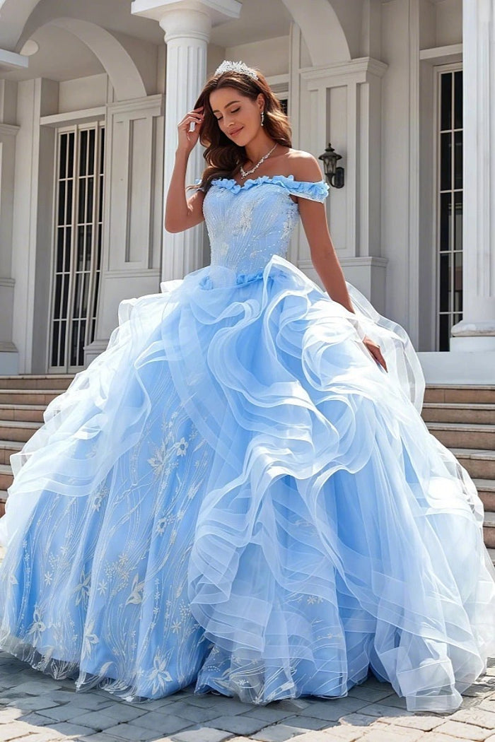Ethel | Elegant Light Blue Beaded Quinceanera Dresses with Charming Ruffles - Light Blue - PromDressClub