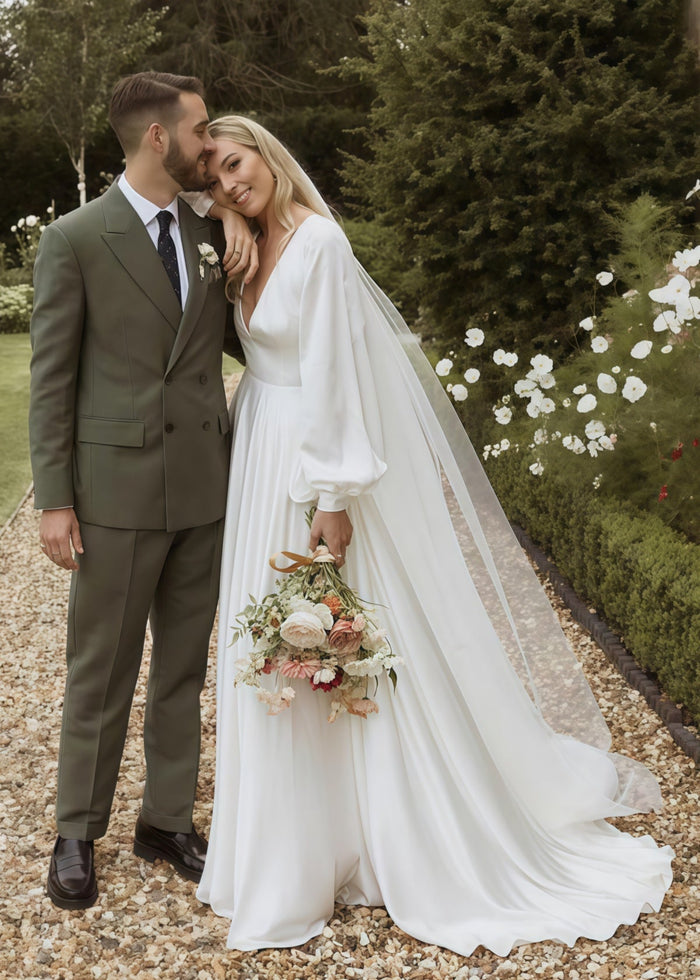 Ethel | Simple A Line White Satin Wedding Dress Long Sleeve Train with V Neck - Price #price_variant_lowest# - White - PromDressClub