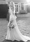 Ethel | Simple A Line White Satin Wedding Dress Long Sleeve Train with V Neck - White - PROMDRESS Club