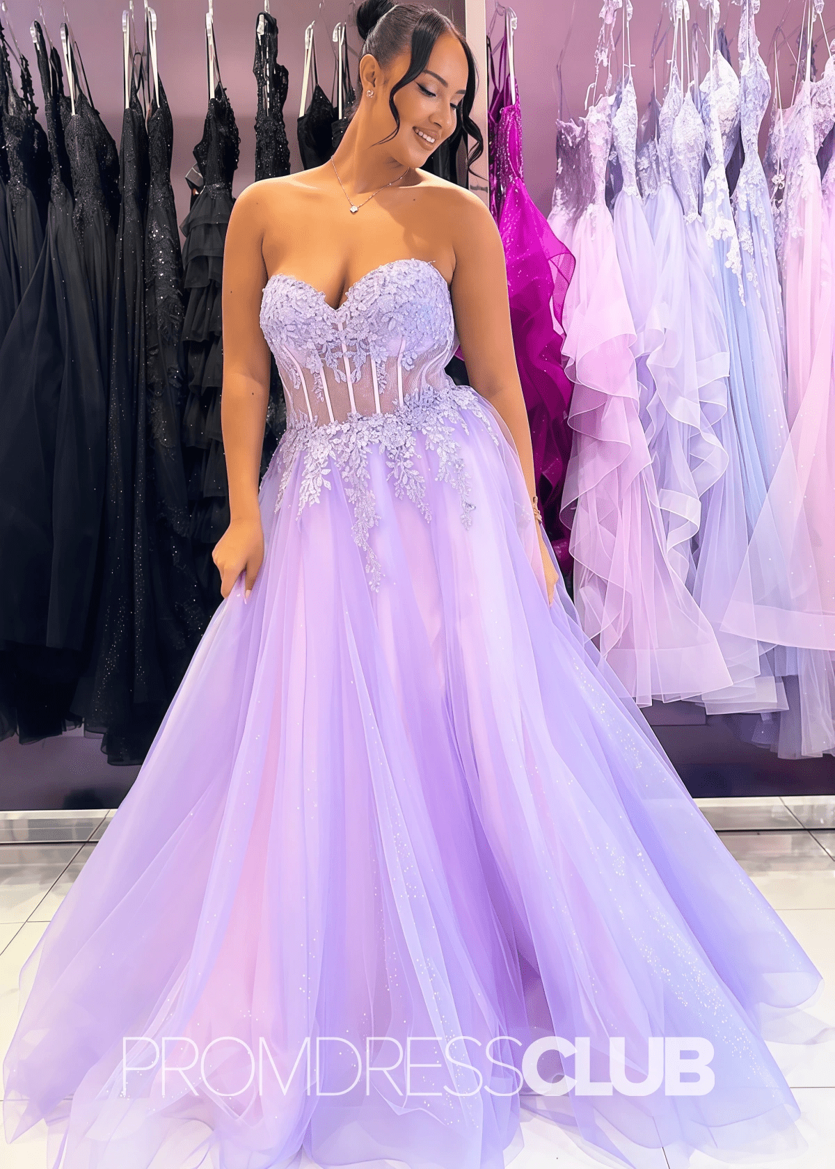 Eudora |A Line Light Purple Prom Dress Sweetheart Neck Tulle - Light Purple - PromDressClub